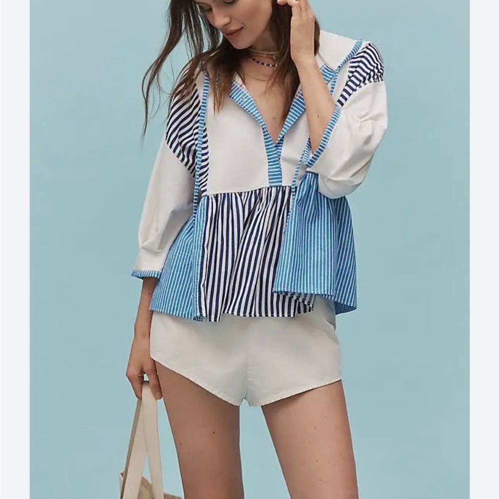 Anthropologie Blue Stripe Peplum Hoodie Coastal Grandmacore Top S Euro Summer